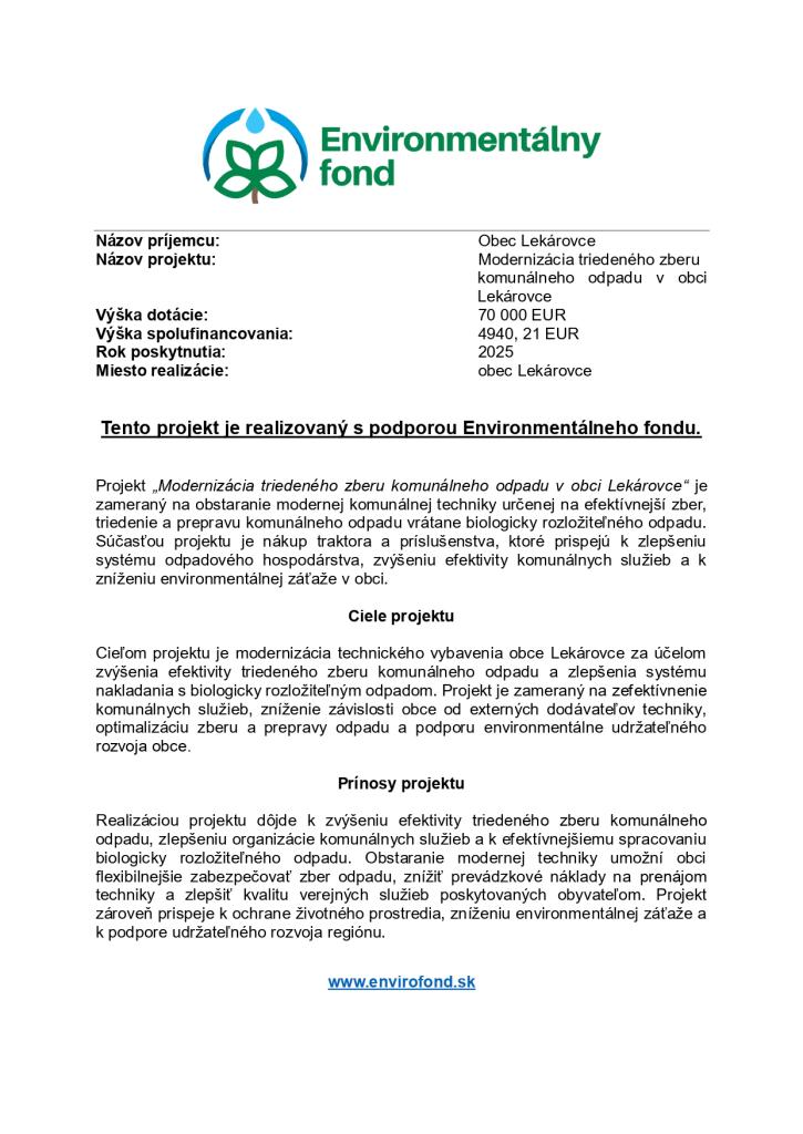 Modernizácia triedeného zberu komunálneho odpadu v&nbsp;obci Lekárovce